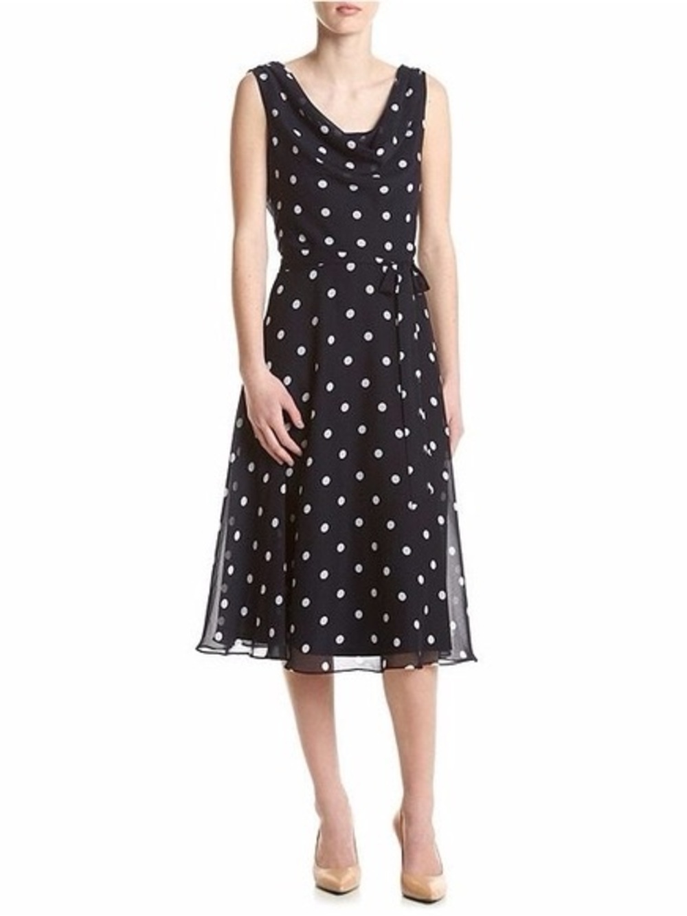 Prelude Women’s Navy Blue White Polka Dot Midi Dress Size 10 Large